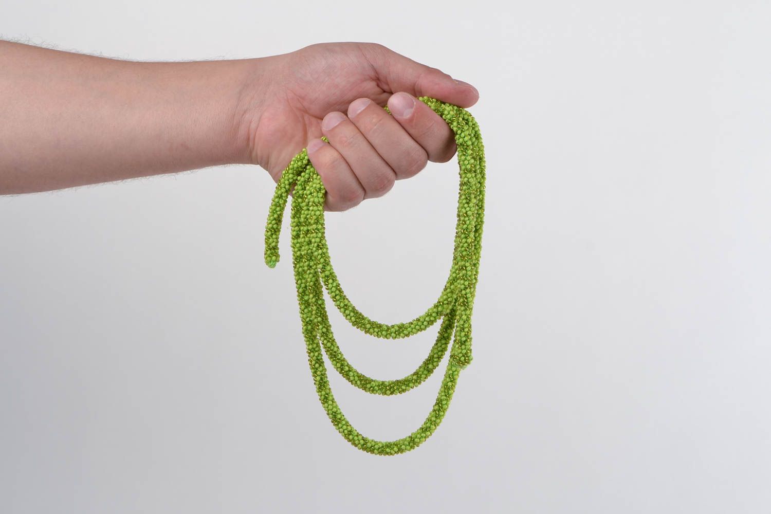 Lariat en perles de rocaille long vert fait main au crochet original photo 2