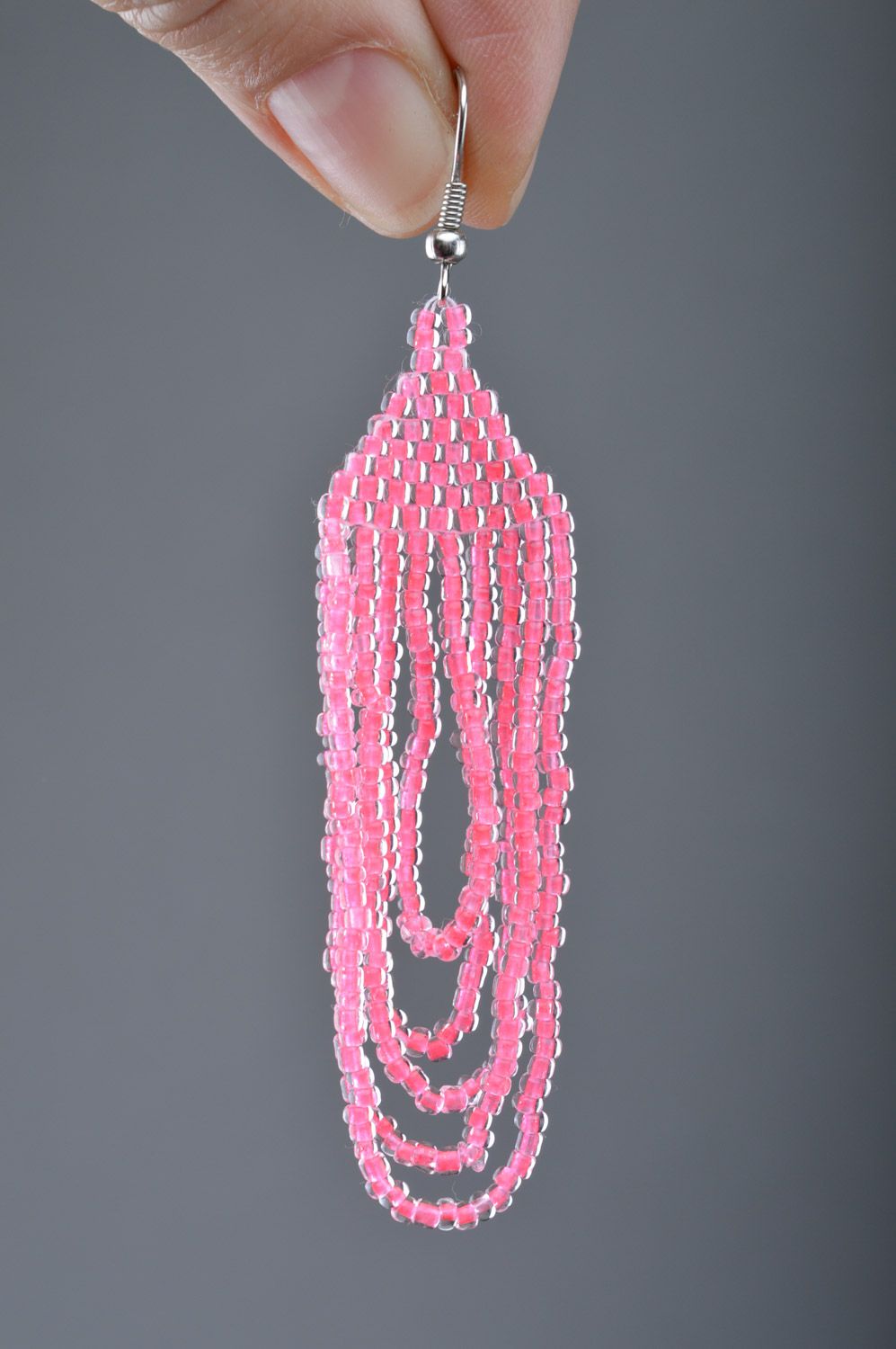 Handmade long dangle earrings woven of Czech beads of bright pink color photo 3