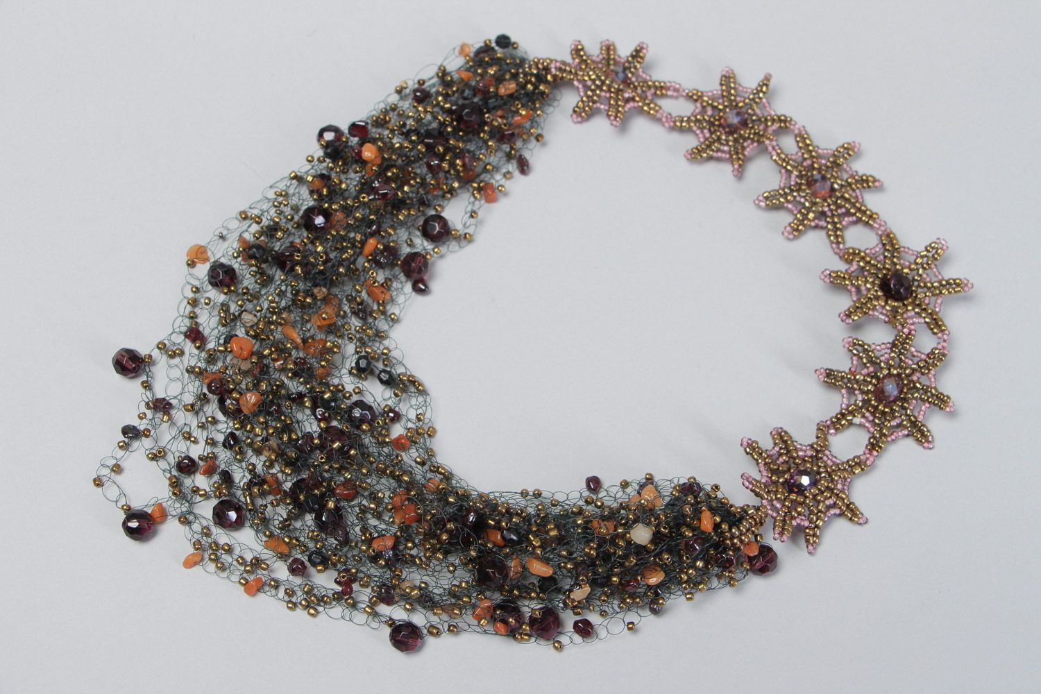 Handmade volume festive necklace woven of brown beads and natural stones photo 2