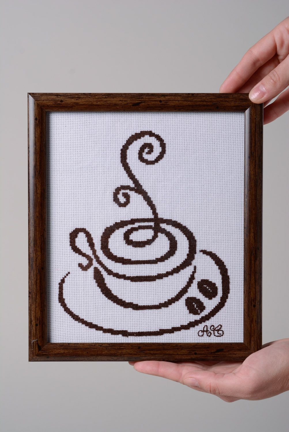 Gesticktes Wandbild Tasse Kaffee im Rahmen aus Plastik handmade für Küche foto 4