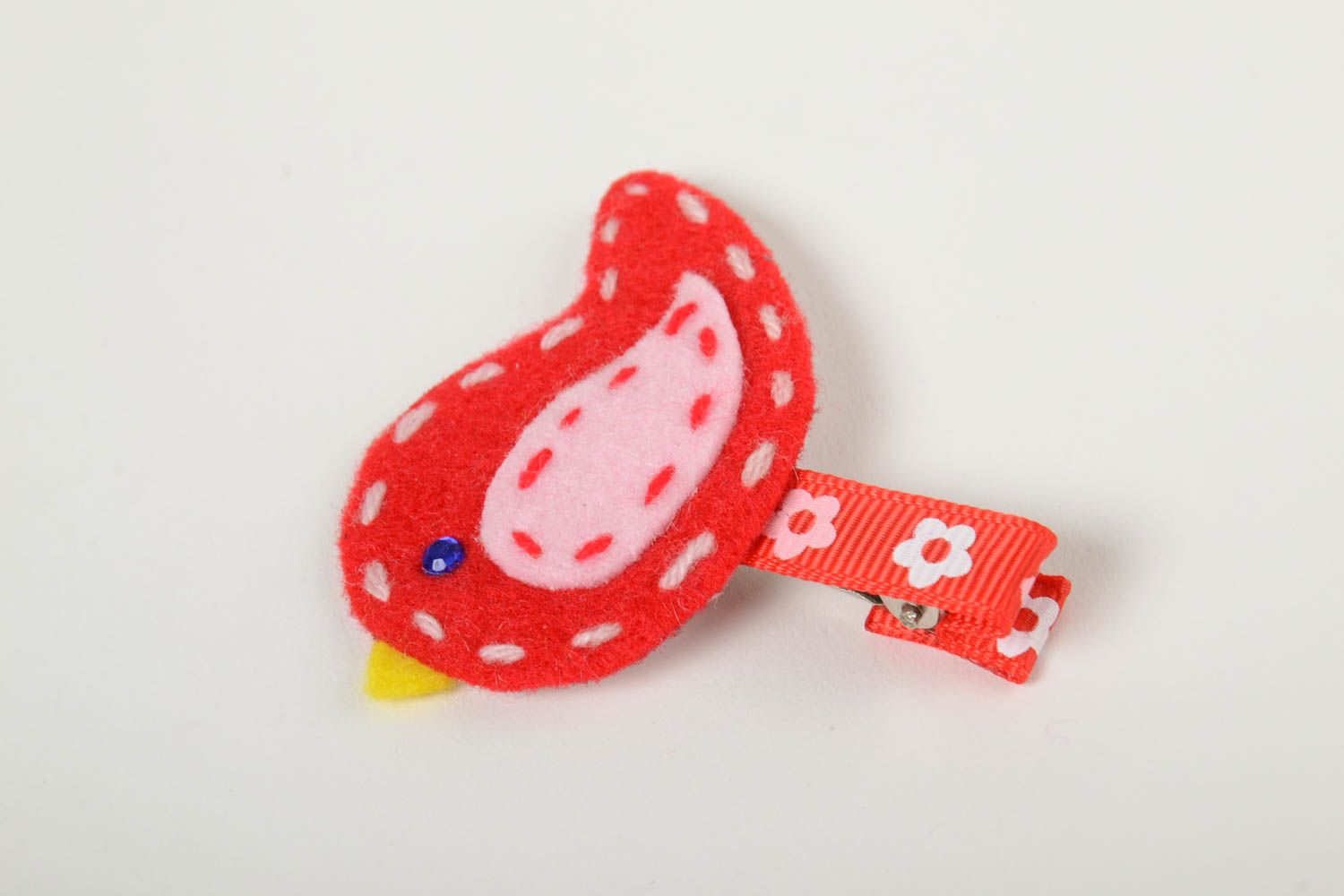 Red hair clip made of rep ribbon and fleece handmade baby batterre Bird photo 4