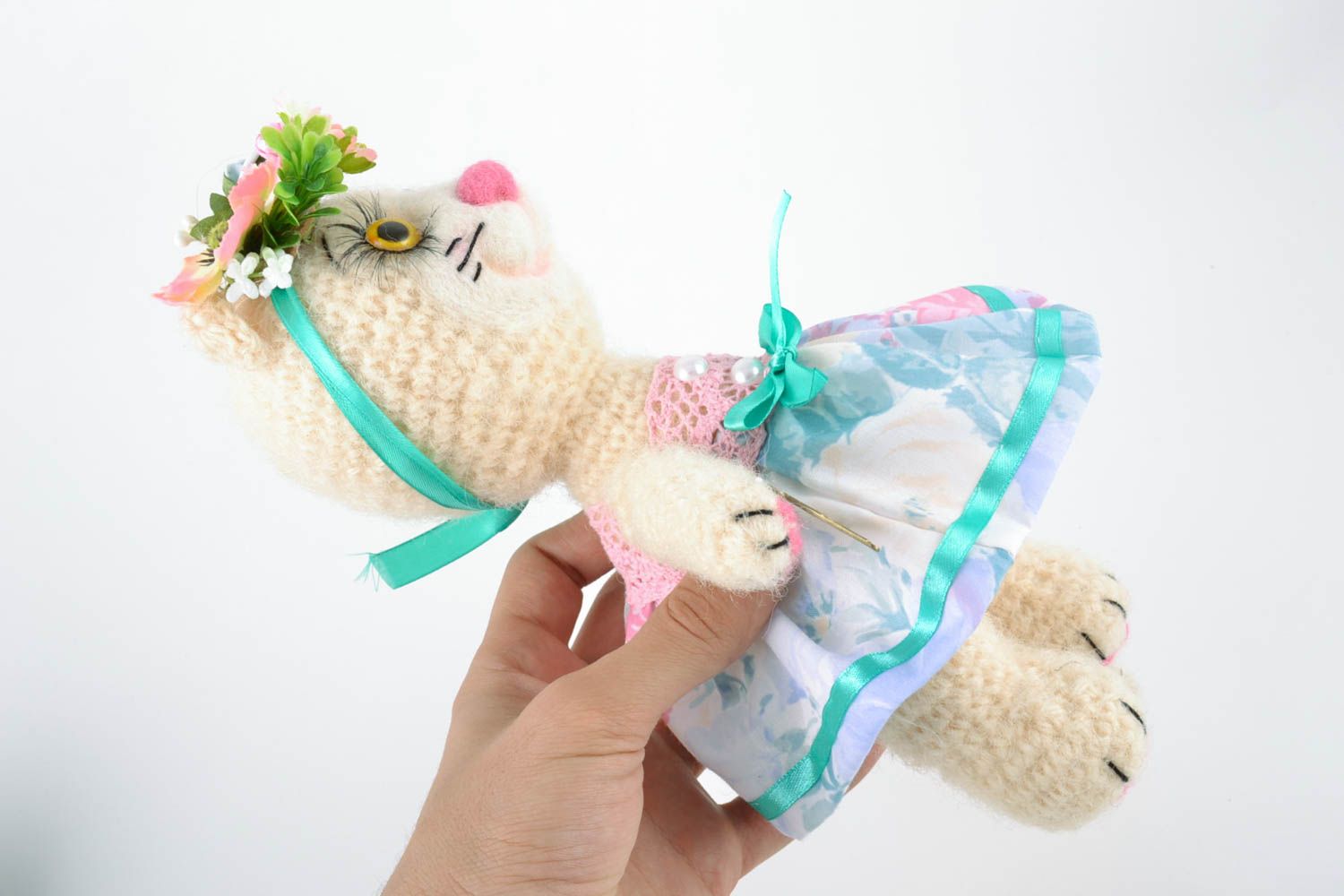 Handmade small soft crocheted beautiful toy Cat in a dress present for baby girl photo 2