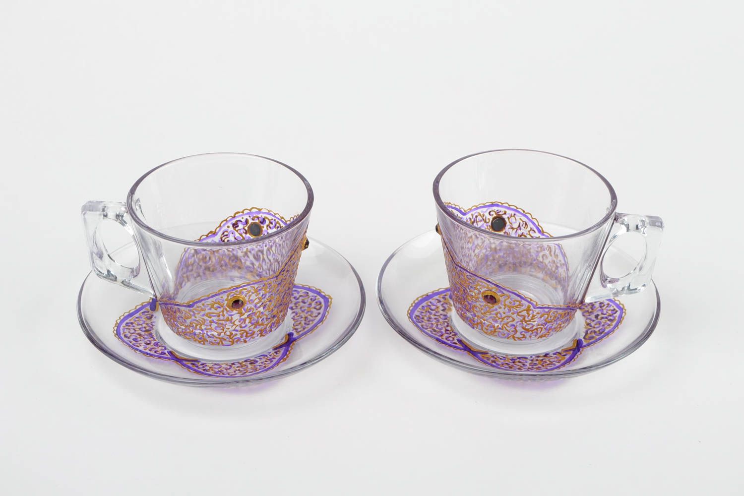 Clear glass two tea cups with square handle and purple and gold hand-painted pattern photo 3