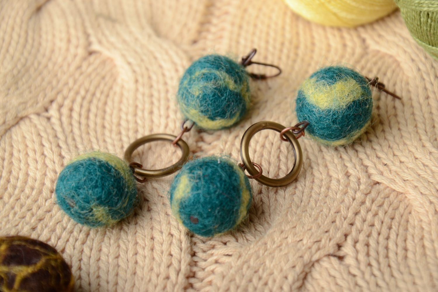 Blue felted wool long earrings photo 1
