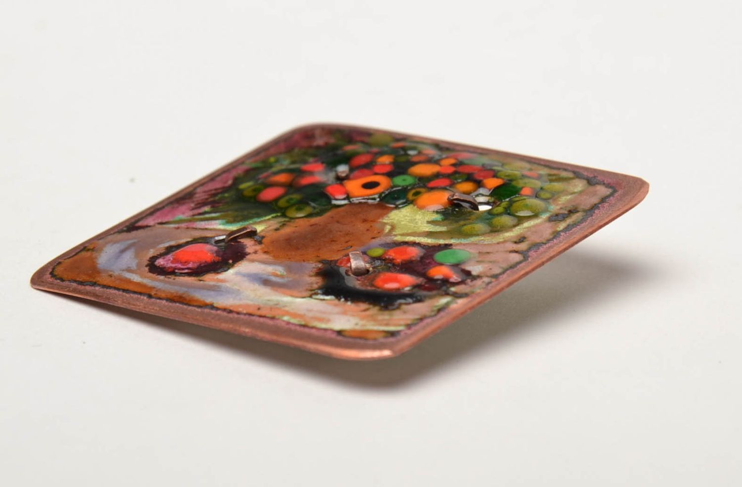 Copper brooch painted with enamels Still Life photo 4