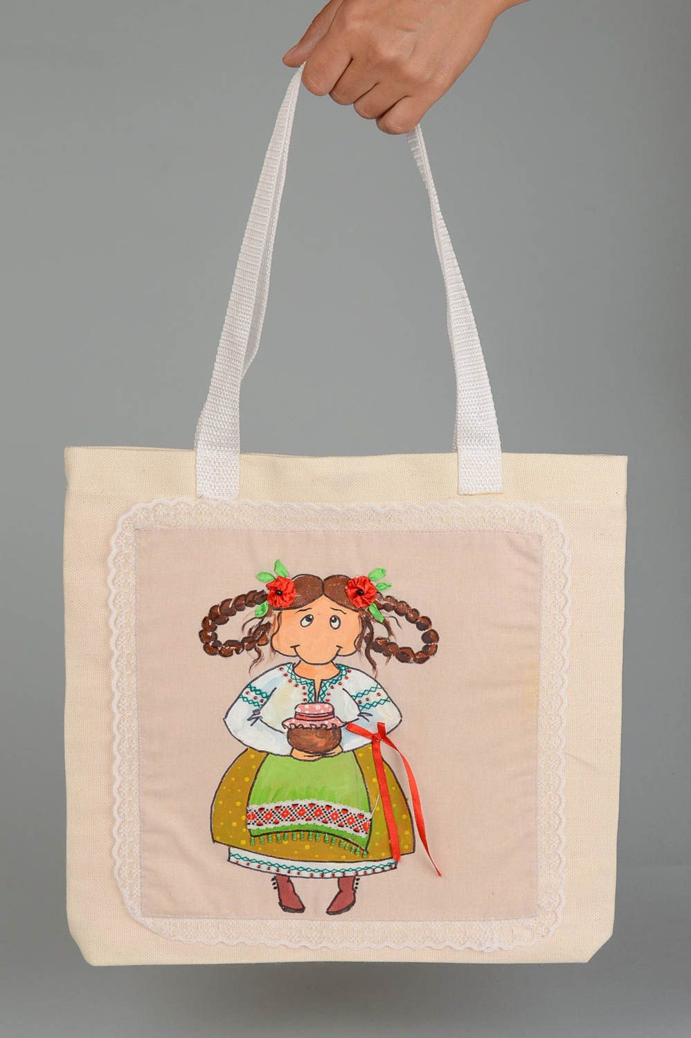 Handmade textile bag with painting designer large bag fabric handbag for women photo 5