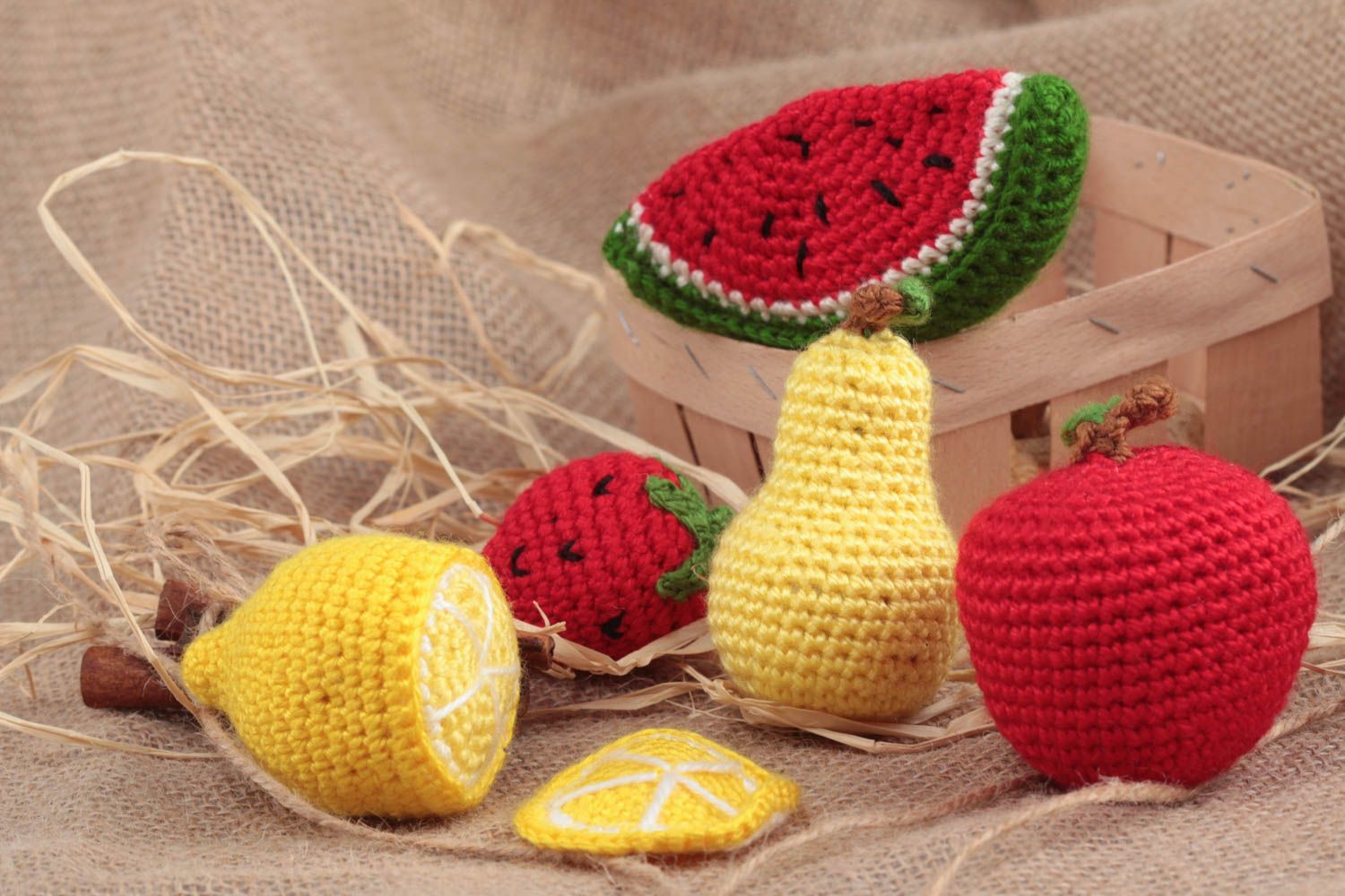 Set of 6 handmade crocheted soft colorful fruit toys for kids and interior decor photo 1