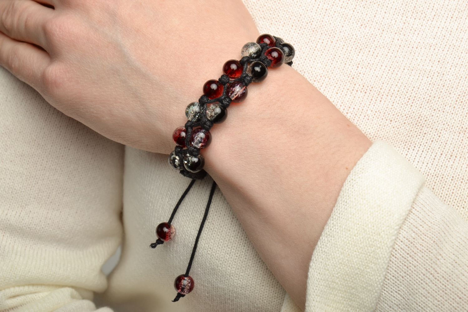 Bracelet en perles de verre tressé de lacet ciré en deux rangées fait main photo 6