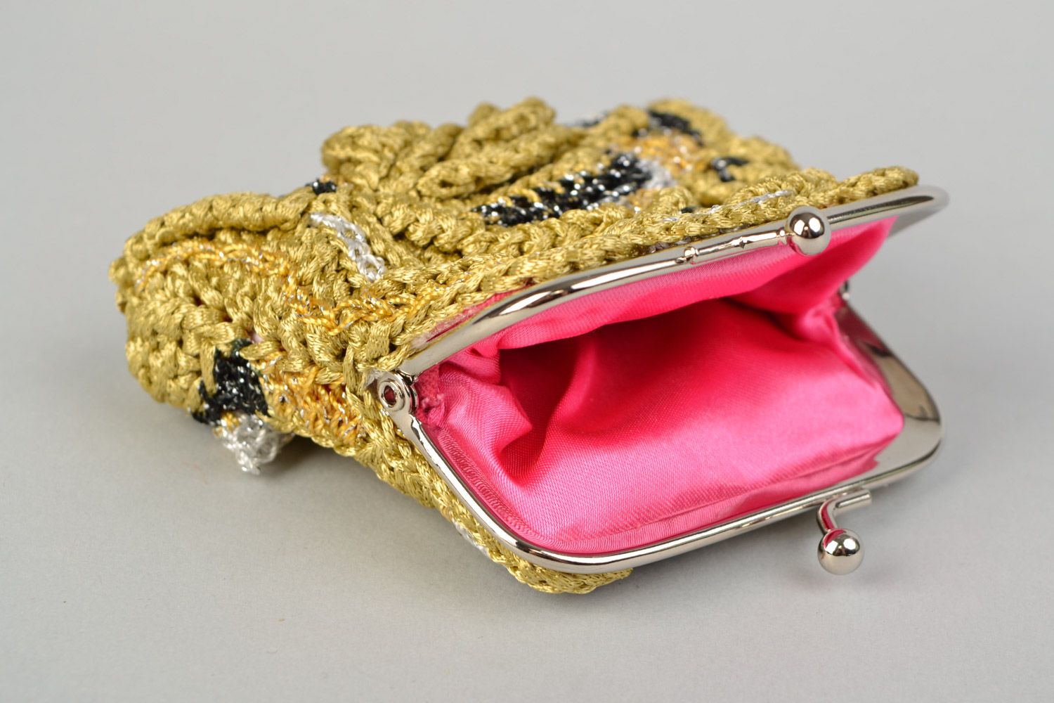 Porte-monnaie à clip tricoté en acrylique au crochet doré noir fait main femme photo 4