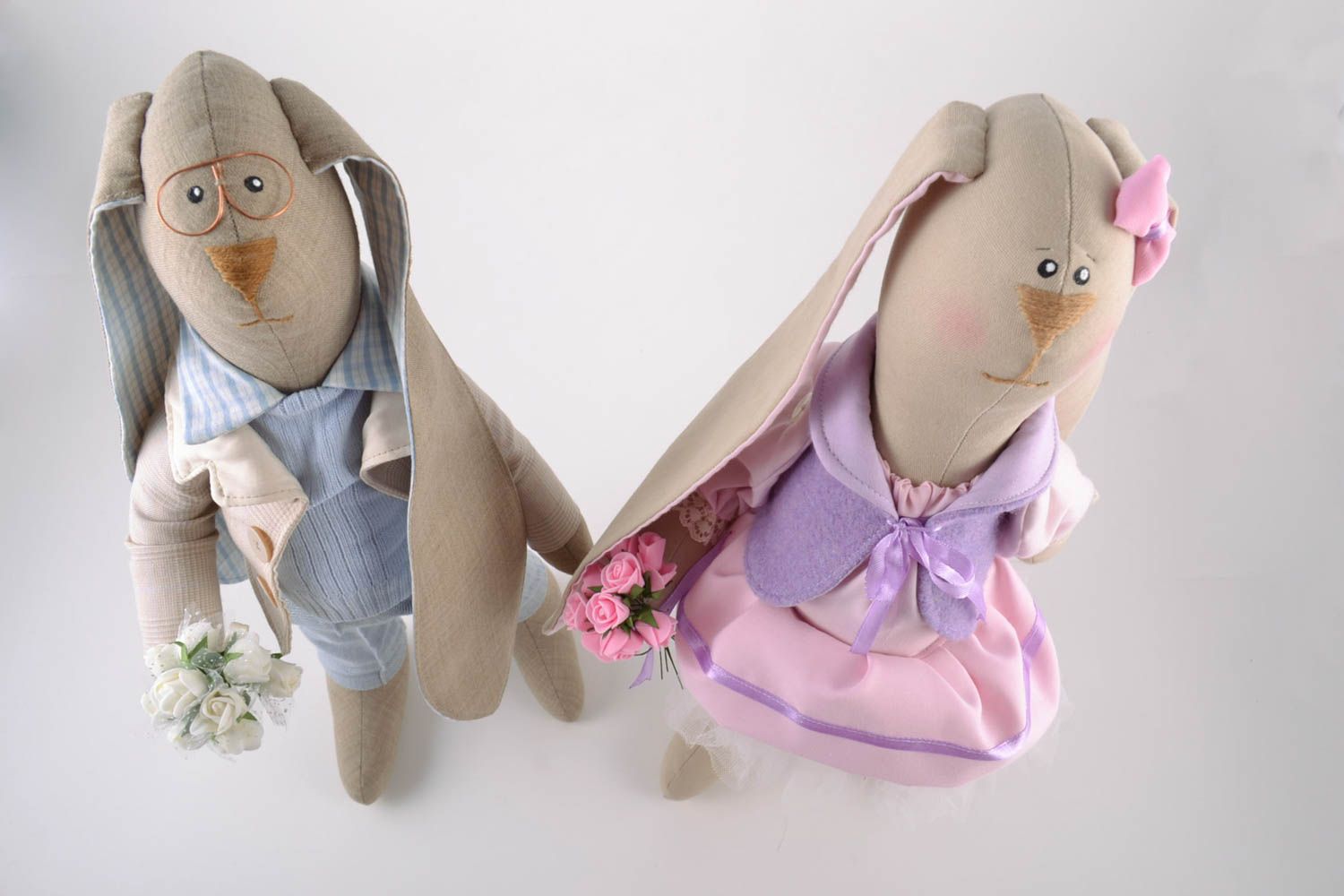 Set of 2 handmade linen fabric soft toys couple of stylish rabbits with long ears photo 4