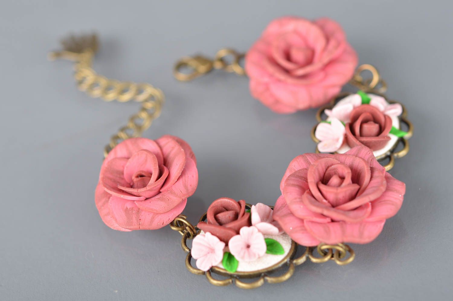 Beautiful handmade bracelet made of polymer clay with roses in vintage style photo 5