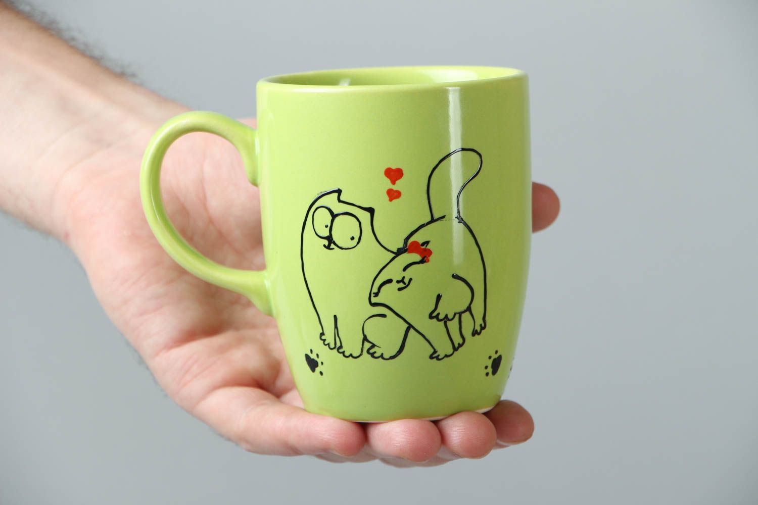 Lime color ceramic porcelain teacup with handle and kitties' love pattern photo 4