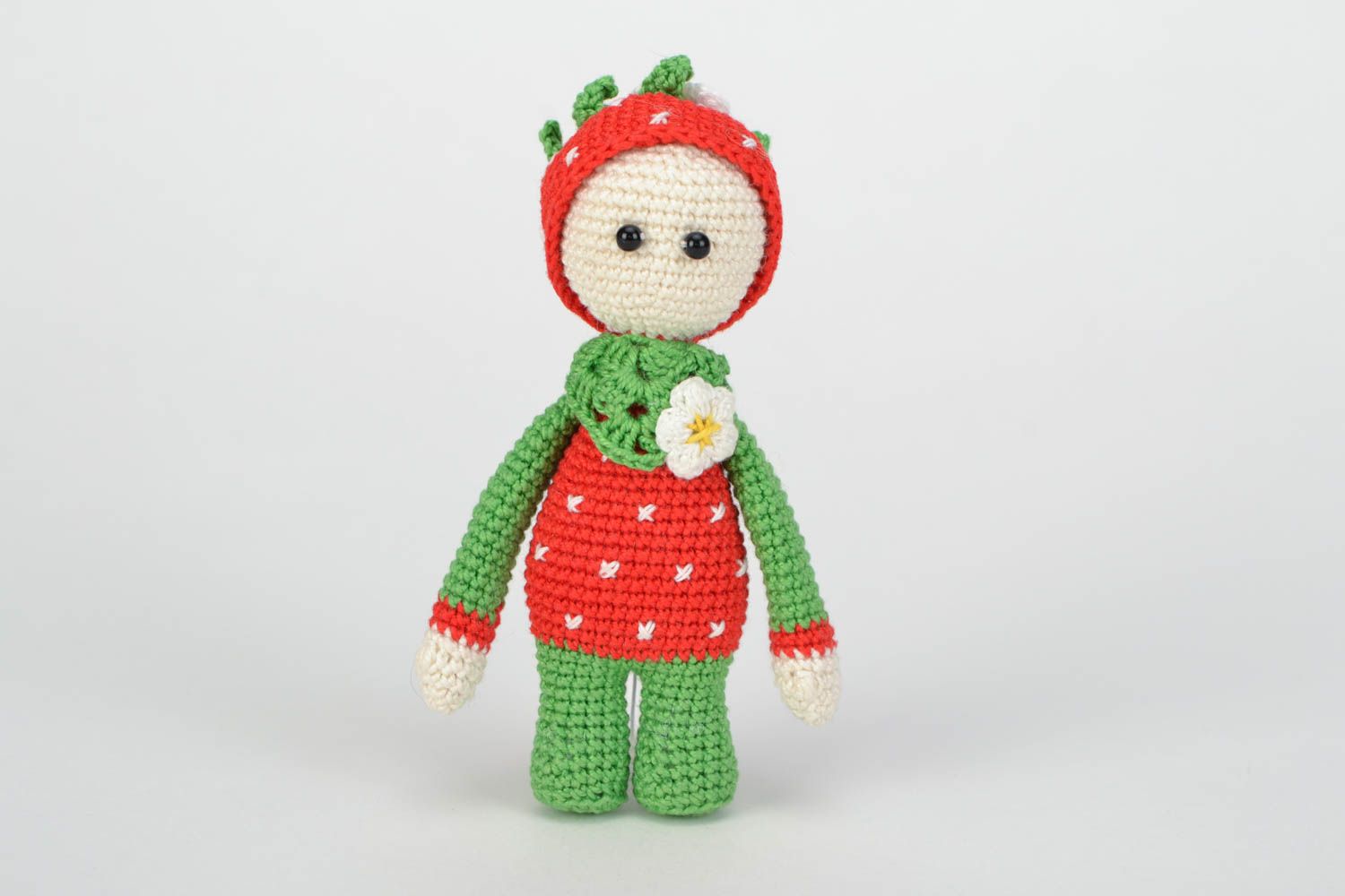Beautiful handmade crochet cotton toy Girl in strawberry costume photo 1