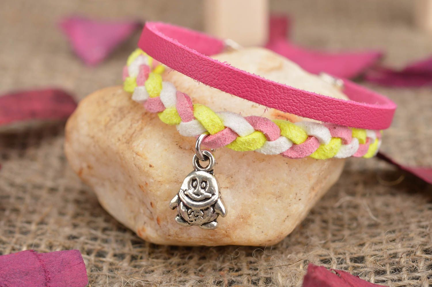 Handmade bright leather and suede cord wrist bracelet with metal charm pink photo 1