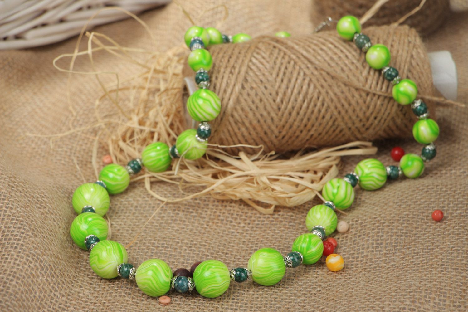 Handmade summer-like bright long polymer clay bead necklace of green color  photo 1