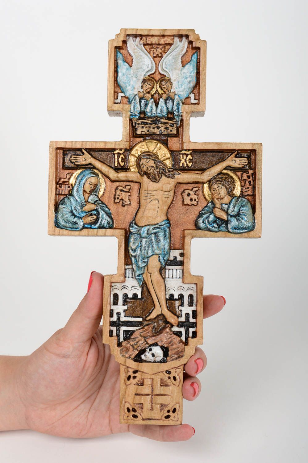 Croix en bois fait main Objet religieux Déco maison gravure crucifix design photo 5