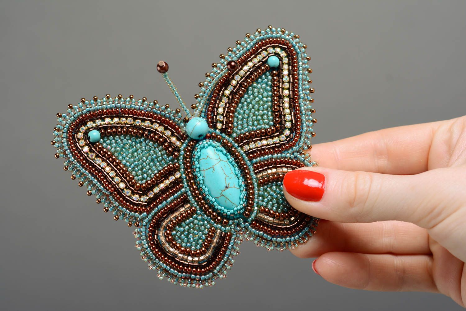 Handmade designer blue and brown bead embroidered brooch with turquoise Butterfly photo 4