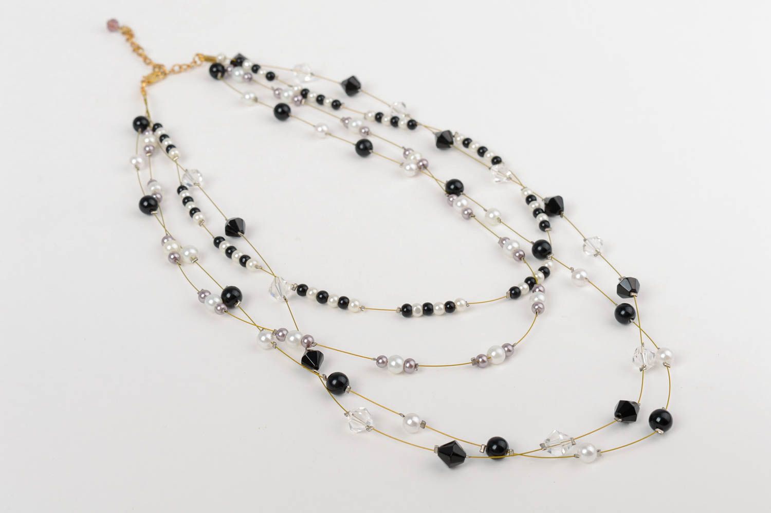 Handmade multi row black white necklace with ceramic pearls and Czech crystal photo 5