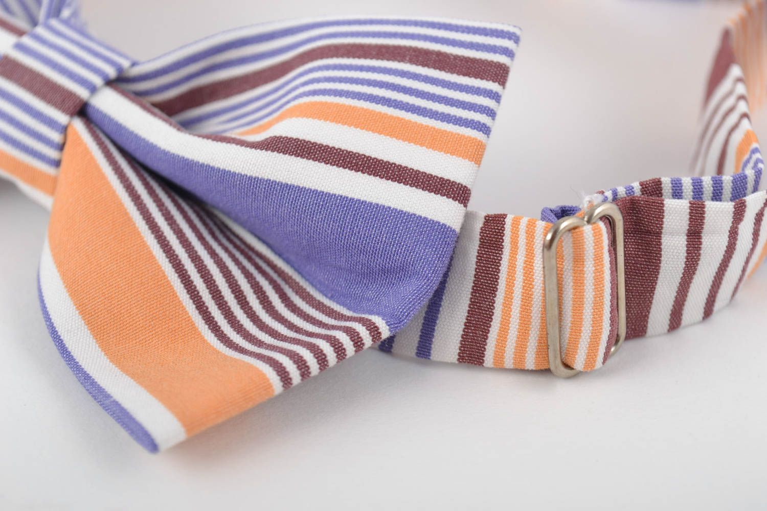 Unusual multicolored handmade designer striped fabric bow tie unisex photo 2