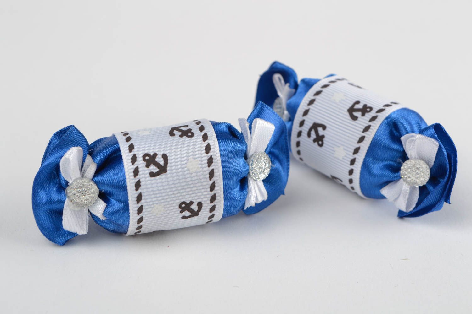 Beautiful children's handmade designer textile hair ties 2 pieces with anchors photo 5