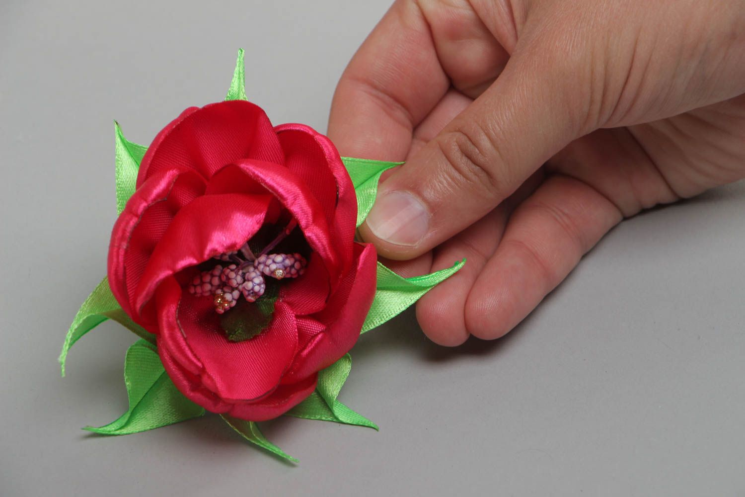 handcrafted unique bobby pin made of satin ribbon in the form of red peony flower photo 5