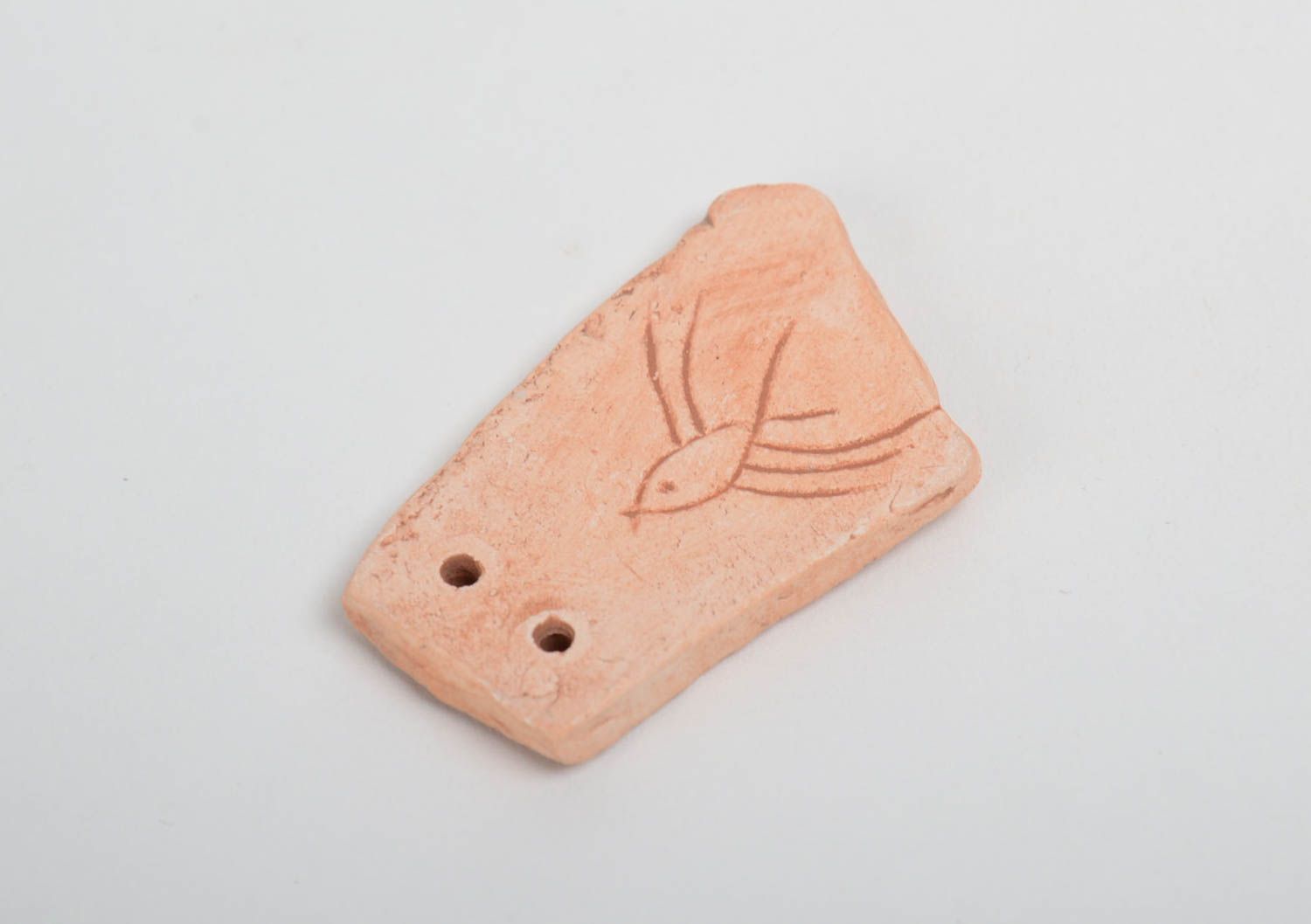 Handmade small flat ceramic pendant for painting with scratched flower pattern  photo 3