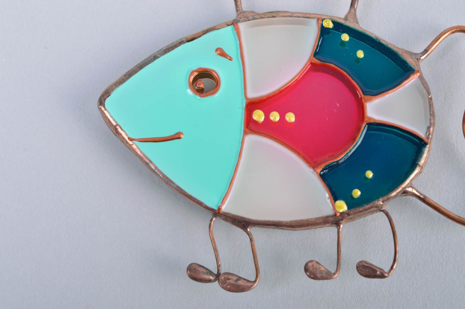 Handmade cute designer decorative stained glass fridge magnet colorful fish  photo 4