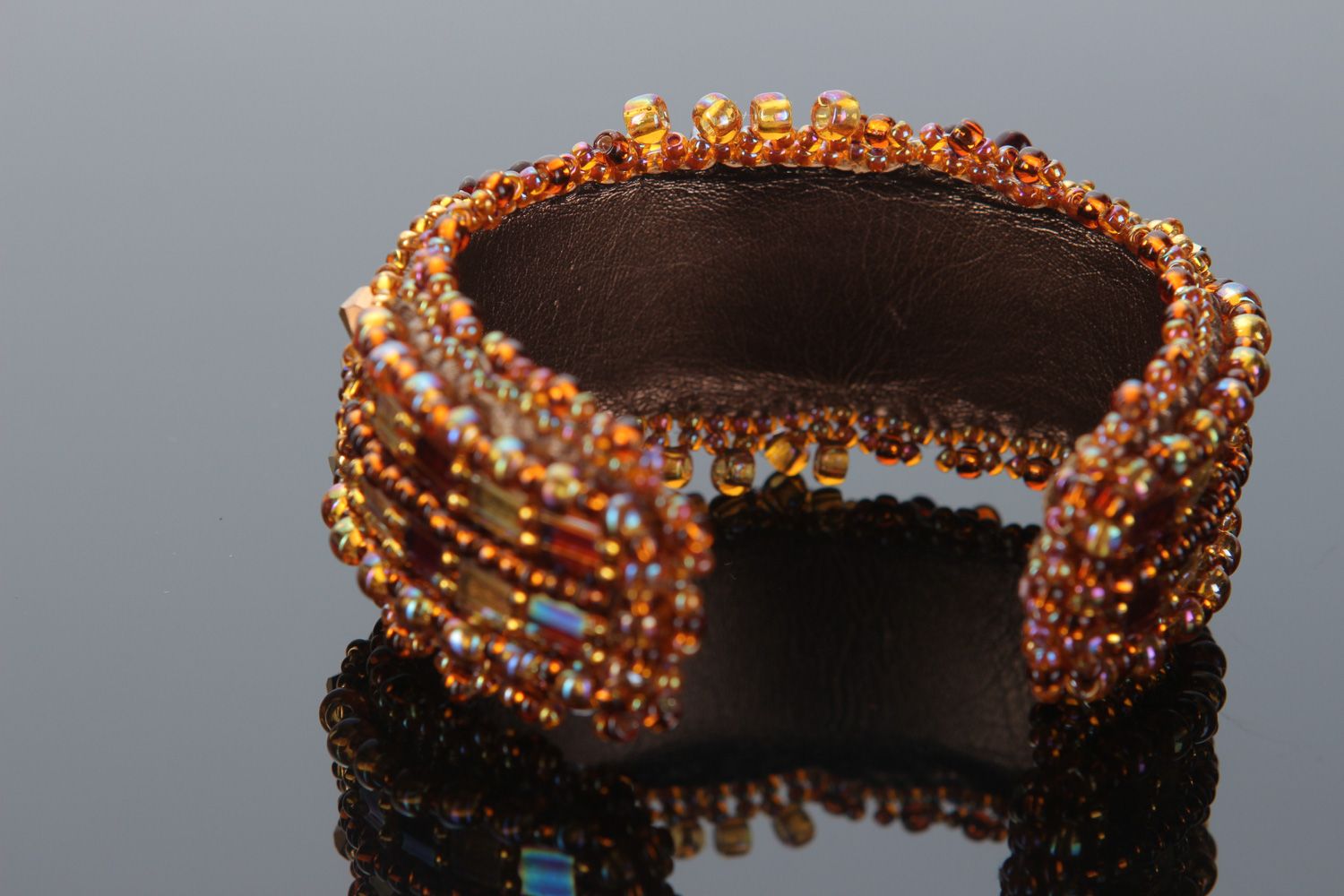 Handmade brown sparkling wrist bracelet embroidered with beads and crystals photo 3