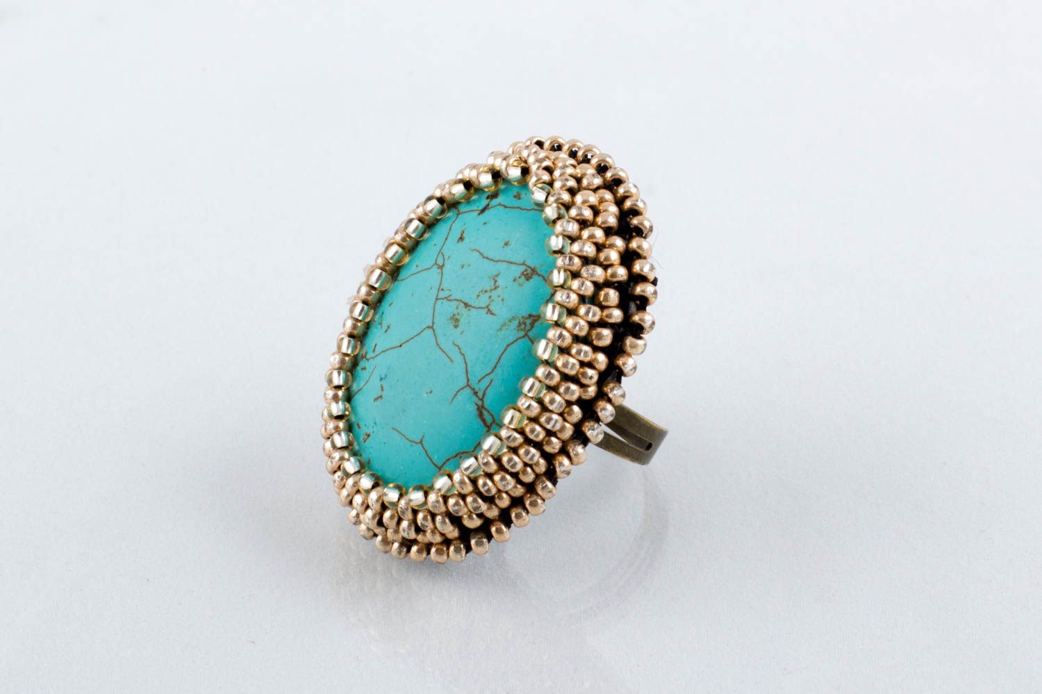 Handmade round jewelry ring with turquoise and Czech beads on leather basis photo 5
