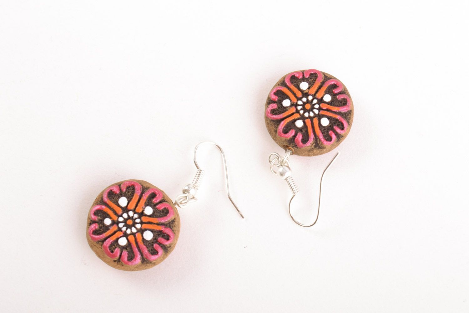 Small round dangling earrings molded of clay and painted with acrylics handmade photo 5