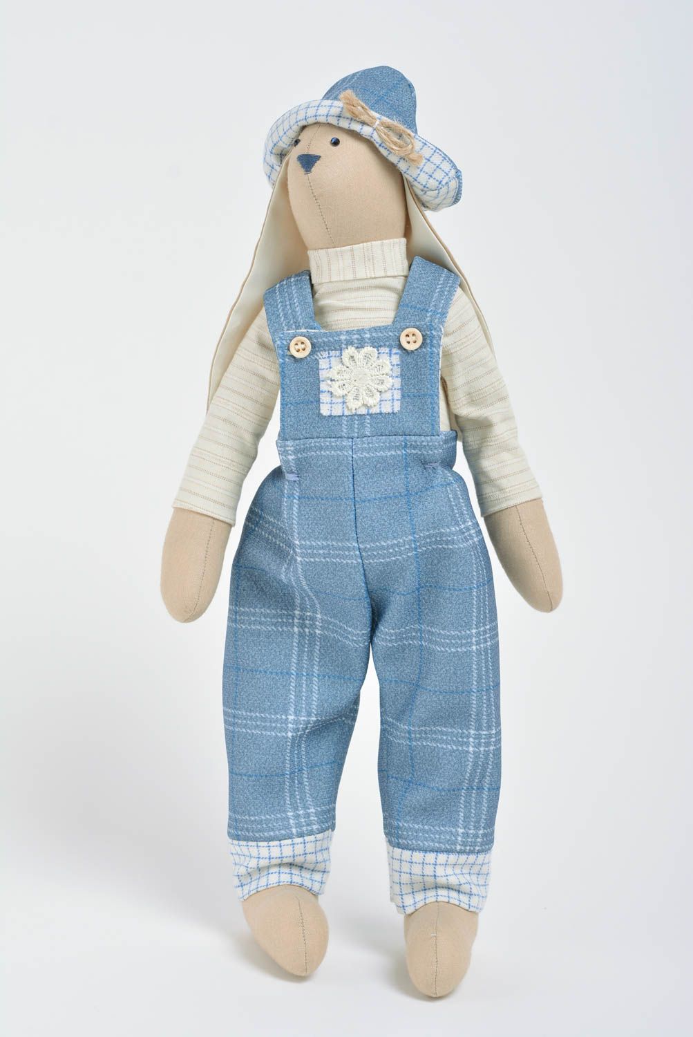 Handmade designer interior fabric soft toy rabbit boy in blue costume and hat photo 1