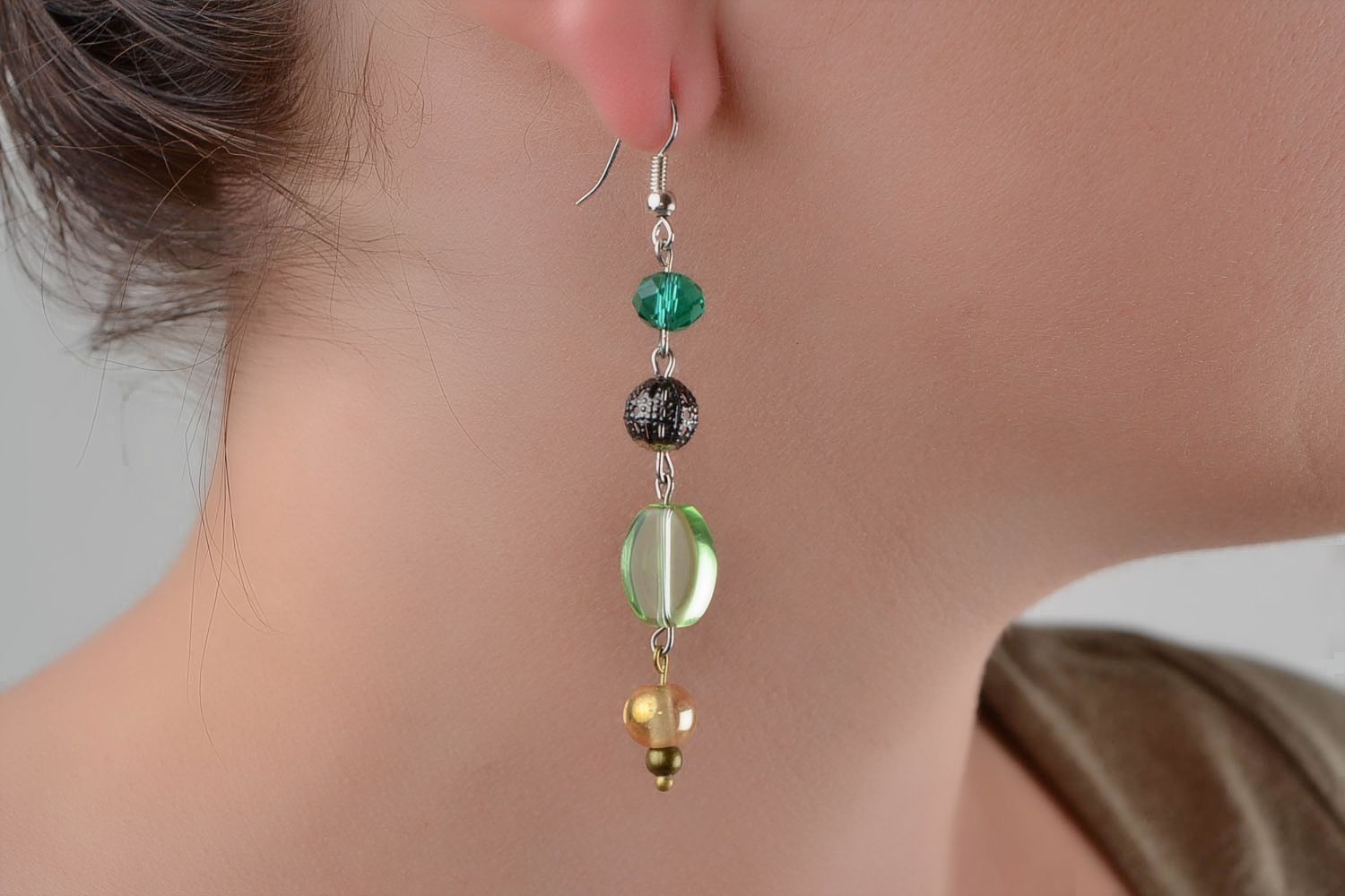 Unusual beautiful handmade designer long glass bead earrings photo 2