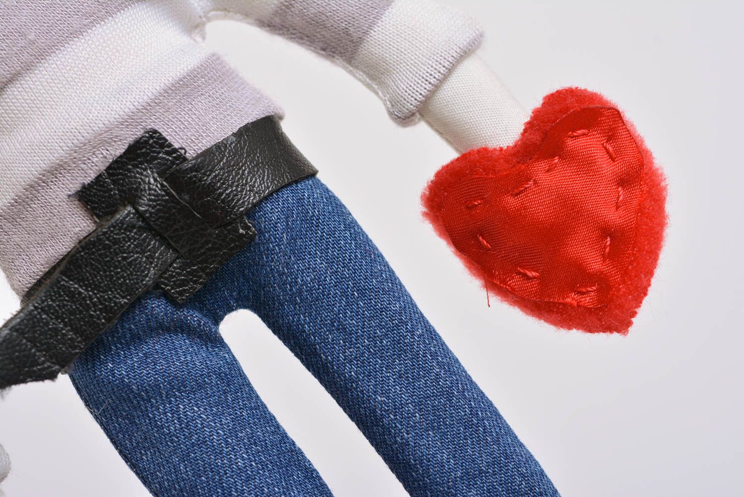 Handmade designer fabric soft toy boy in jeans and striped sweater with heart photo 5