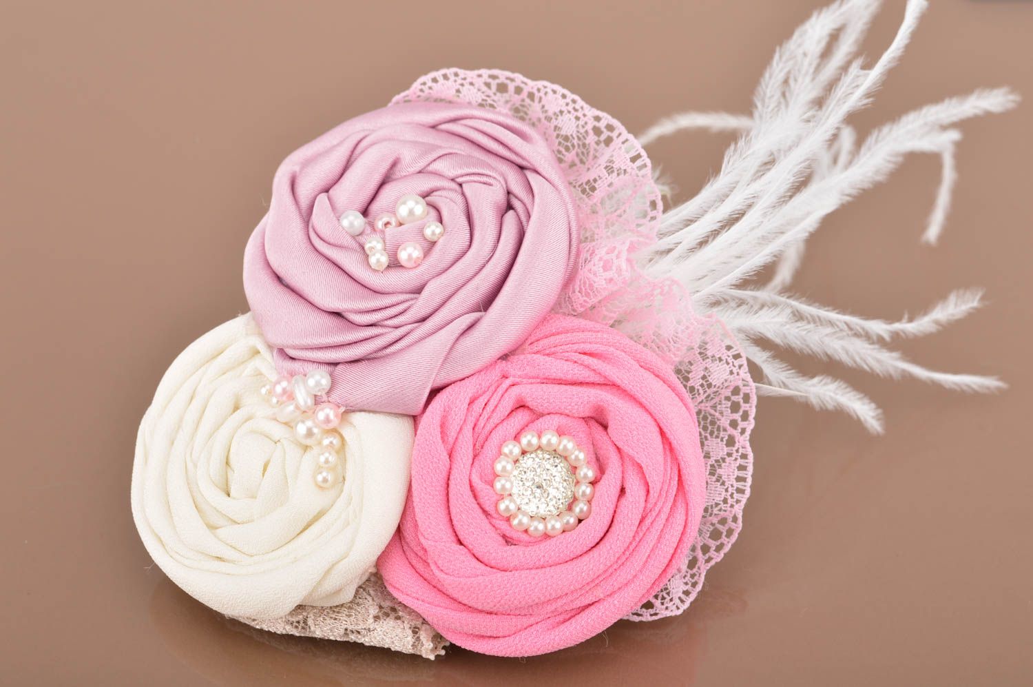 Handmade stylish beautiful hair clip brooch with flower made of fabric  photo 2