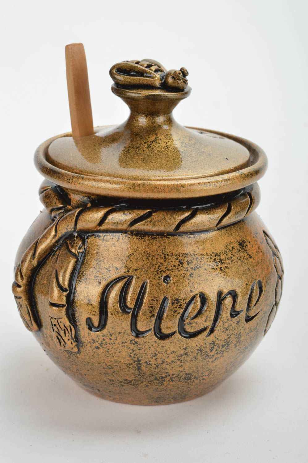 Petit pot à miel en céramique avec couvercle et cuillère en bois fait main 20 cl photo 5