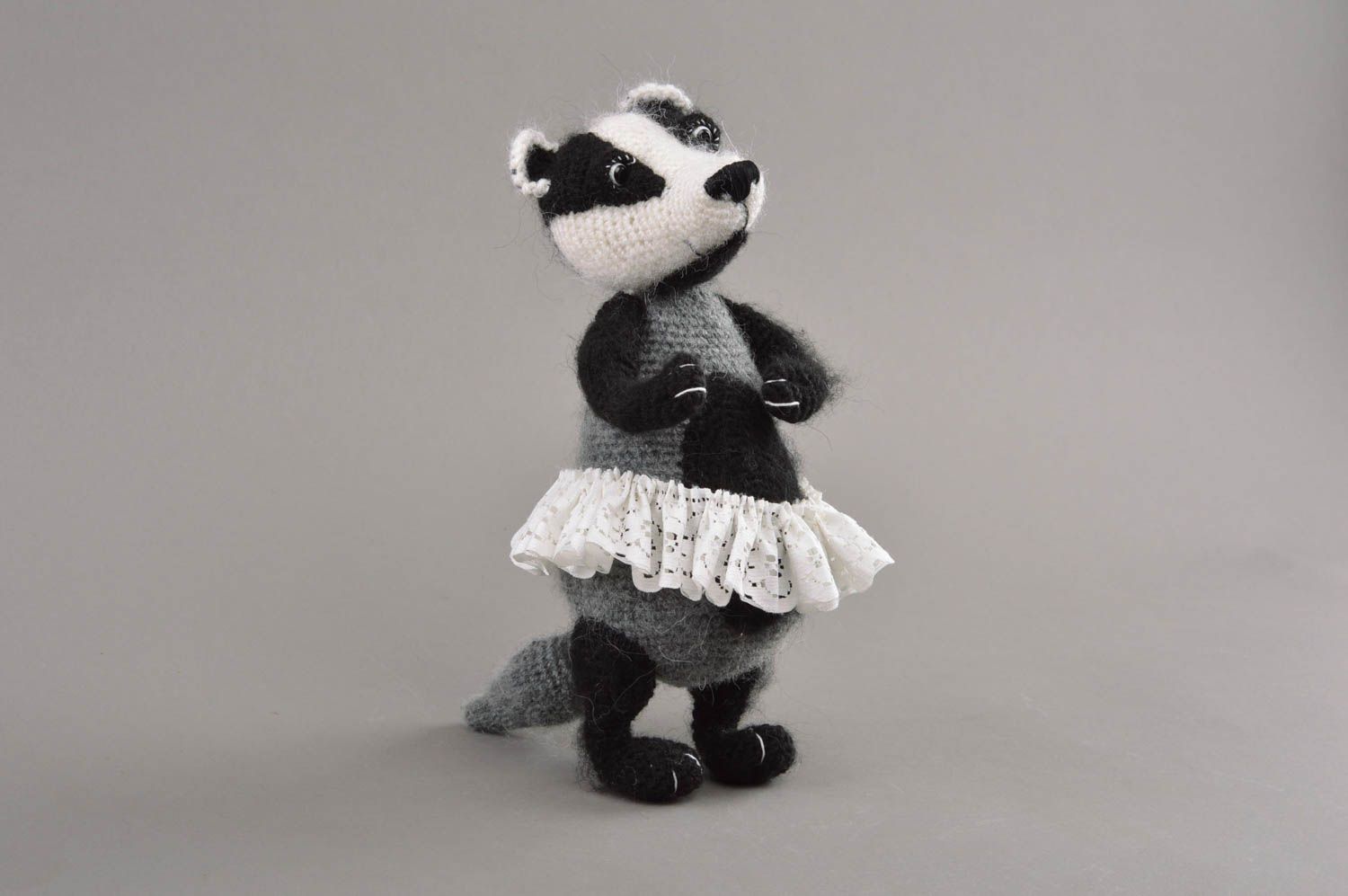 Unusual children's handmade beautiful crochet soft toy Badger in tutu skirt photo 3