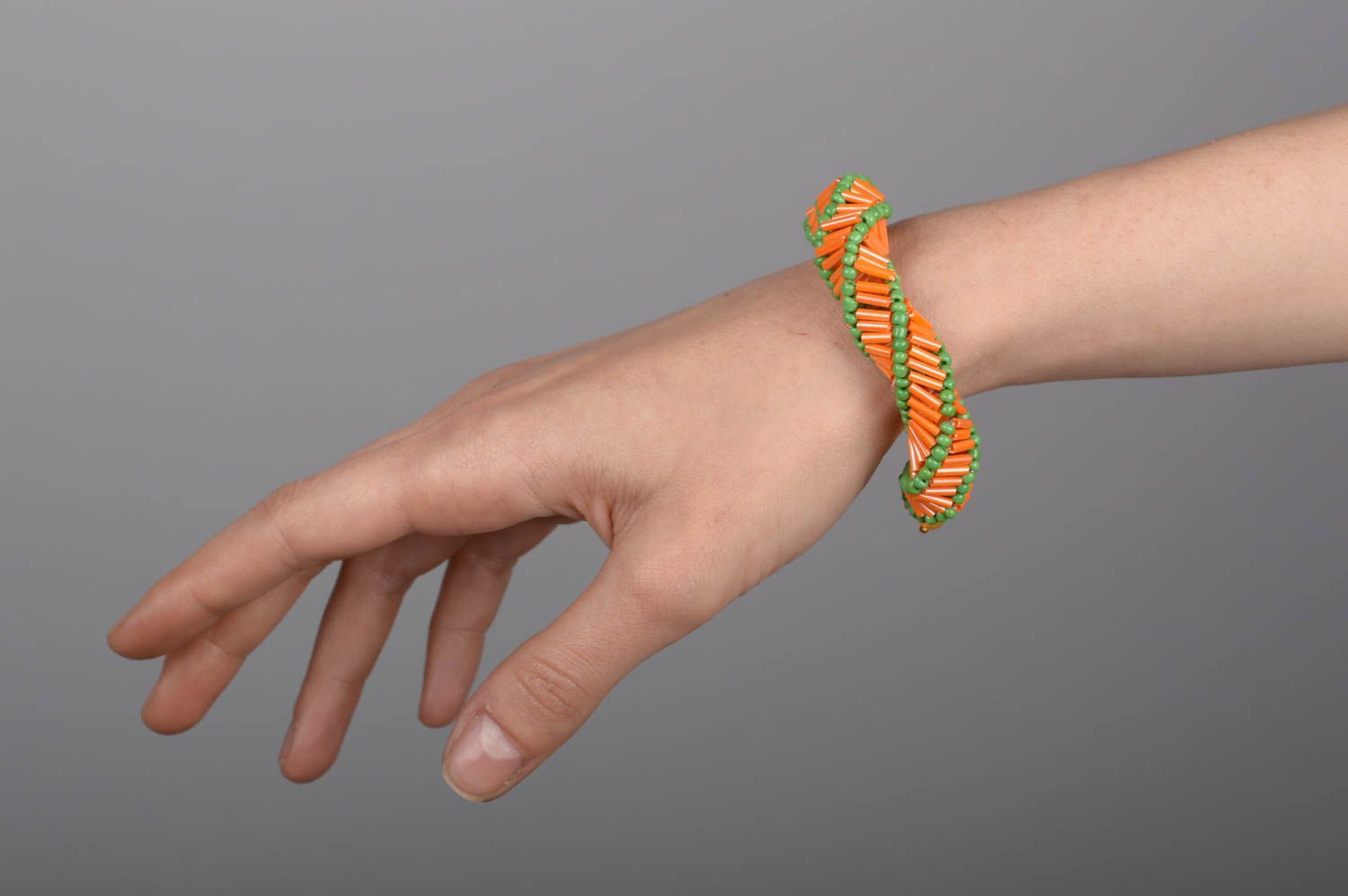 Handmade beaded cord bracelet made of orange and light green beads for women photo 5