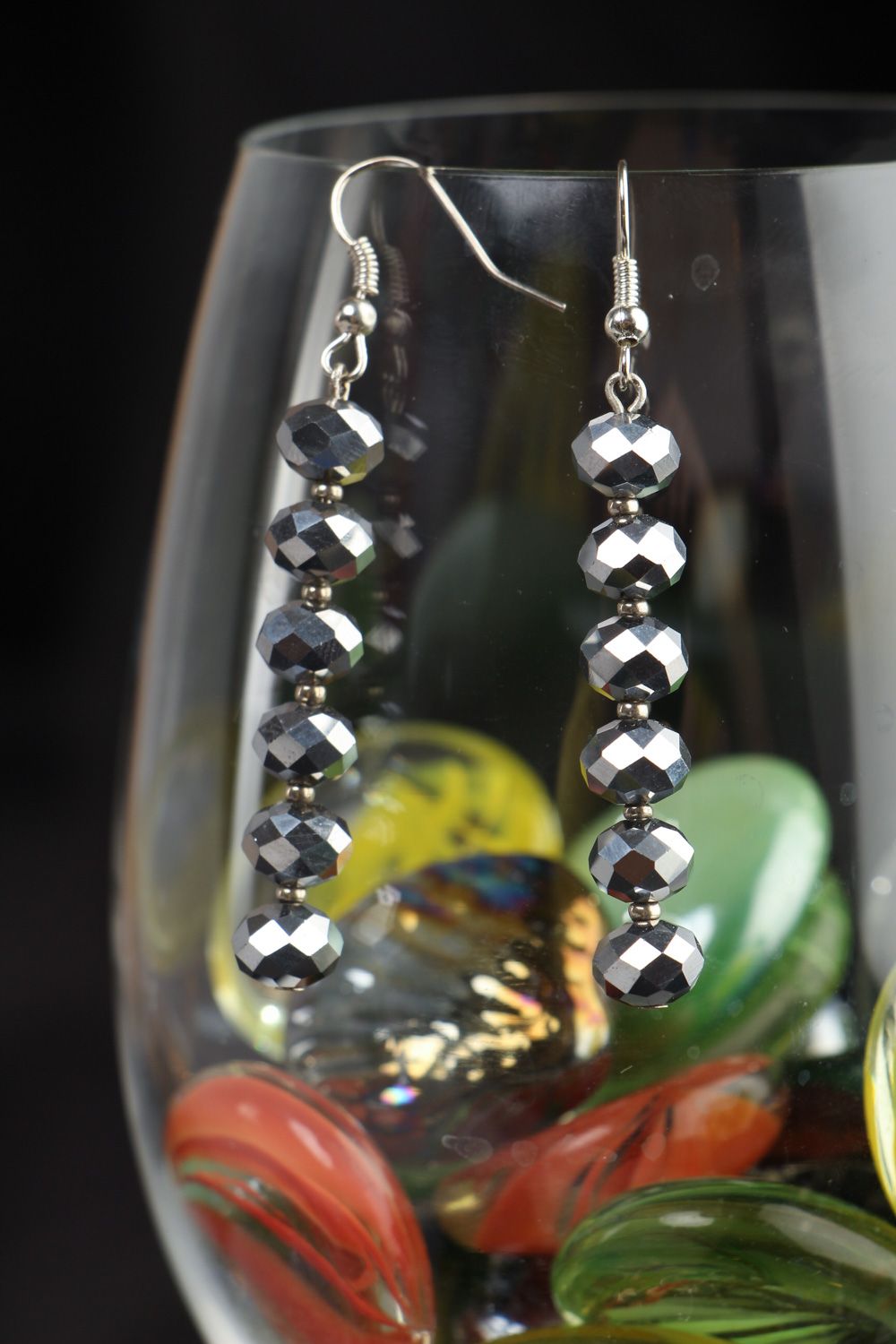 Handmade elegant long earrings with glass beads of silver color for ladies photo 4