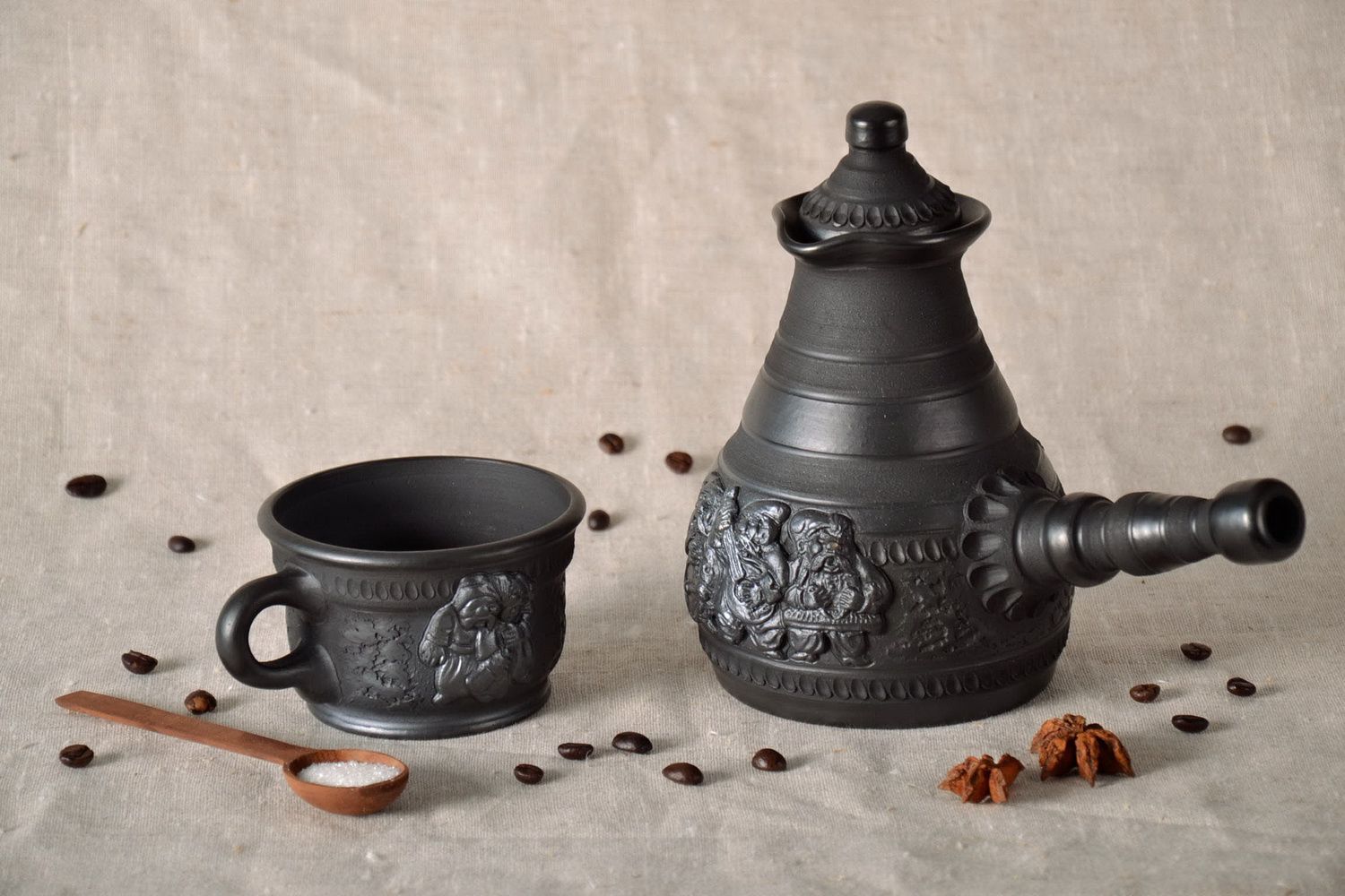 4 oz smoked clay black coffee cup with handle and Ukrainian cozak pattern photo 4