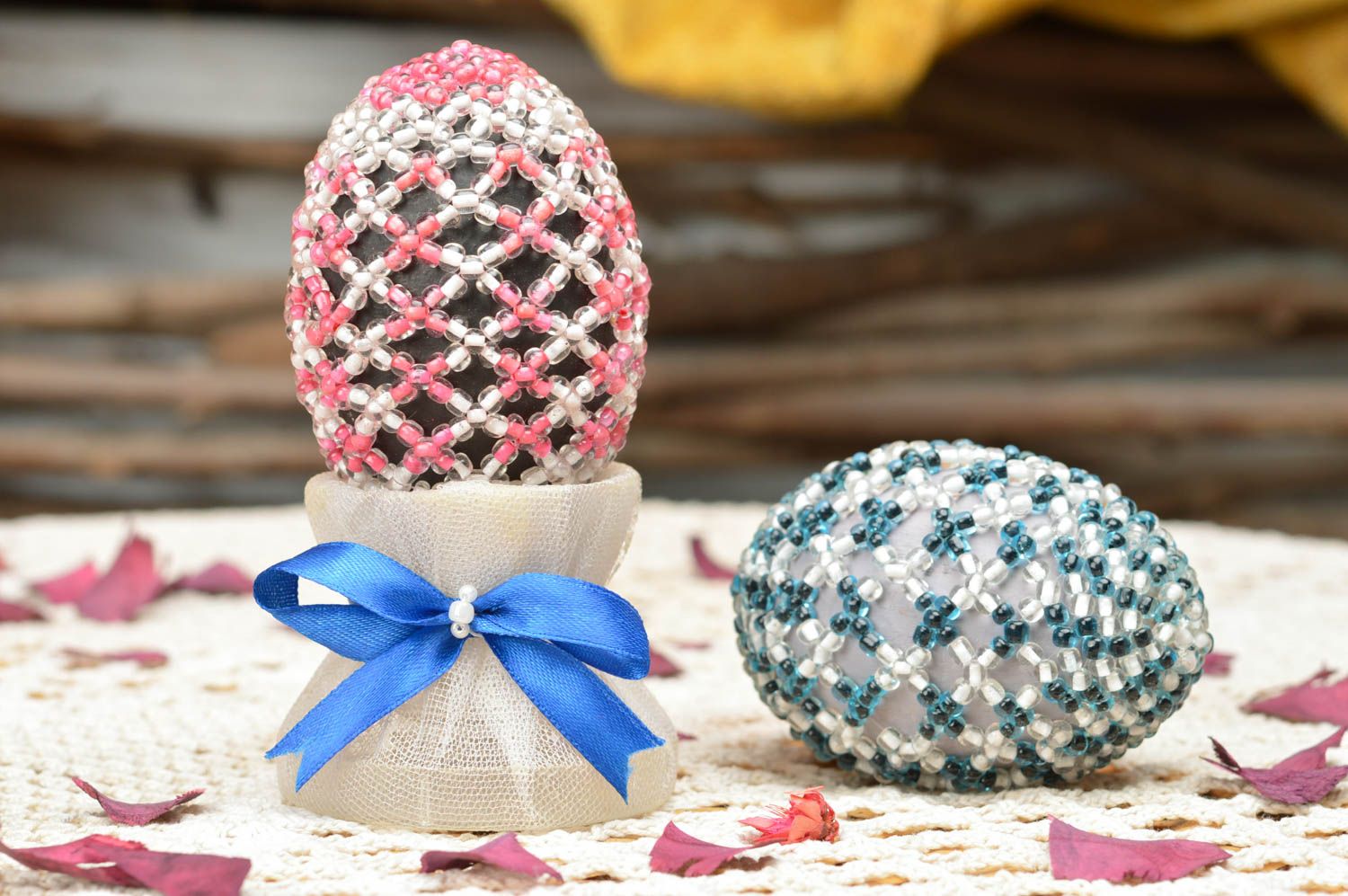 Beautiful handmade cute Easter eggs woven oven with beads set of 2 pieces photo 1