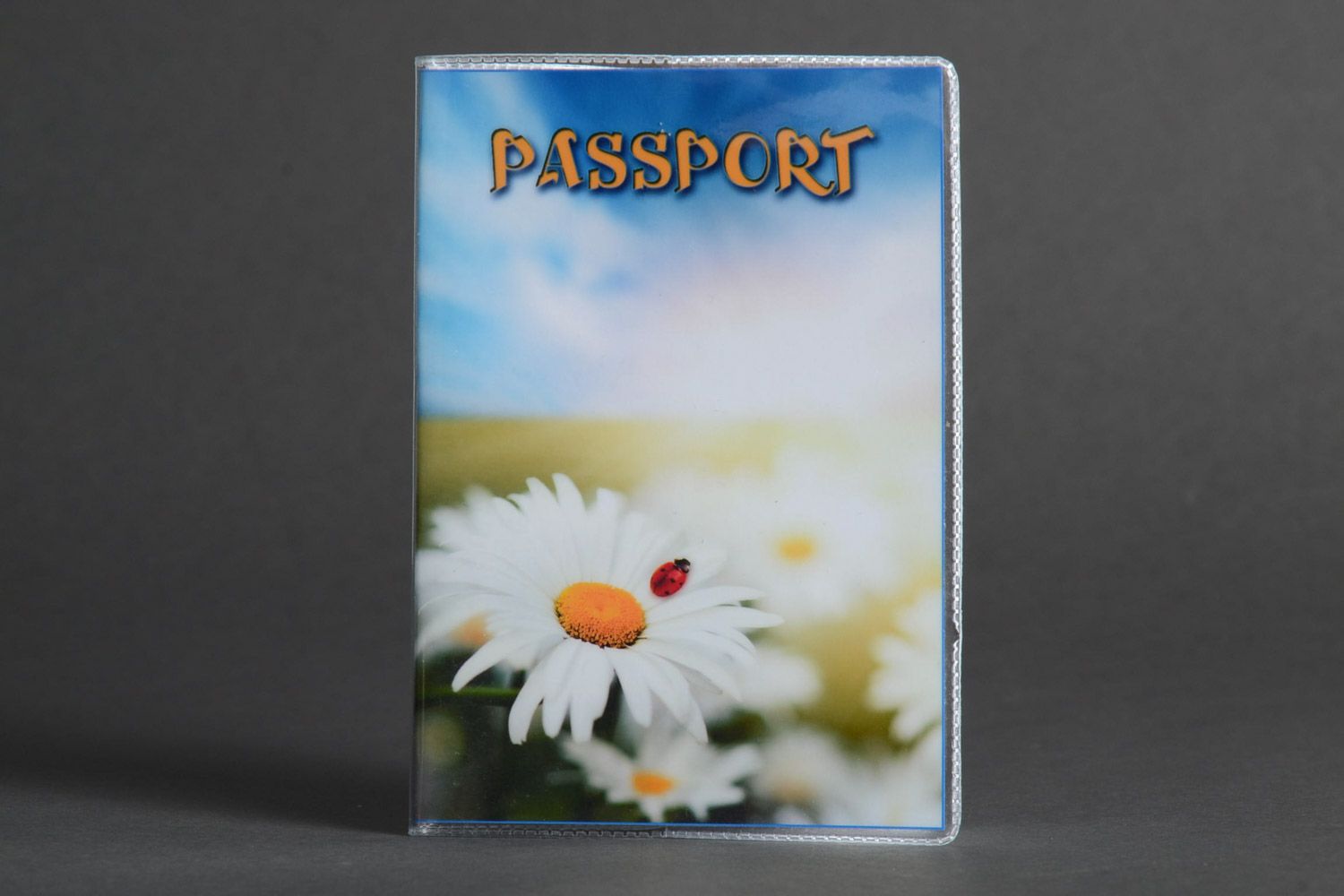Cute handmade plastic passport cover with photo print of large chamomile  photo 1