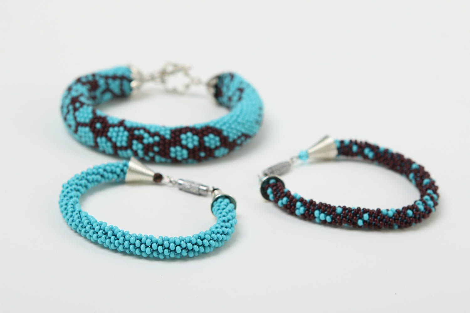 Set of three turquoise handmade beaded cord bracelet in three cord pieces for women photo 3