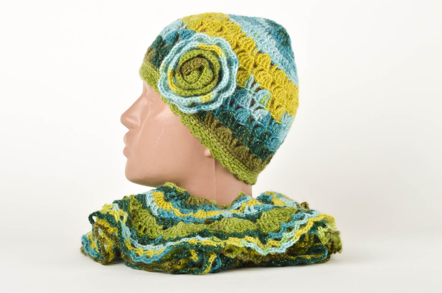 Moderne Mützen Damen Schal Winter Mütze Schal aus Wolle Handarbeit gelb und blau foto 3