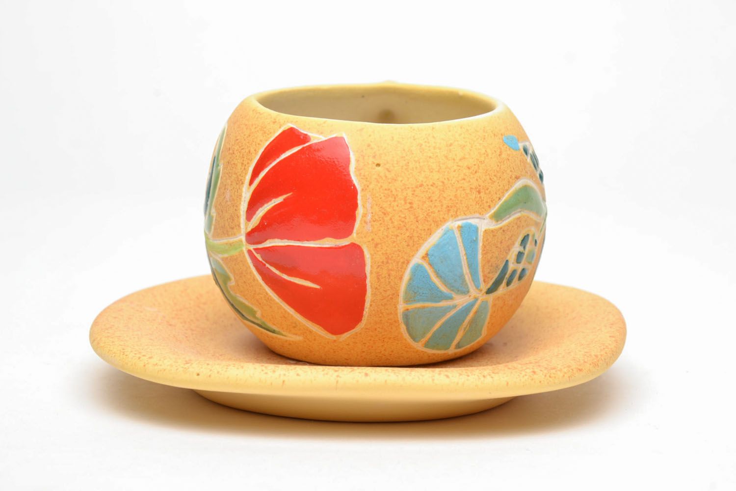 Clay yellow drinking cup with floral pattern with handle and saucer  photo 2