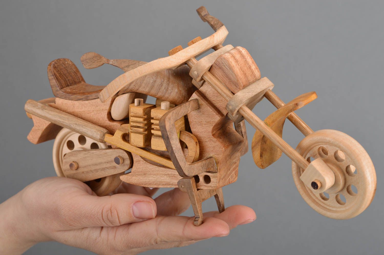 Unusual handmade collectible decorative wooden toy motorbike for interior design photo 3