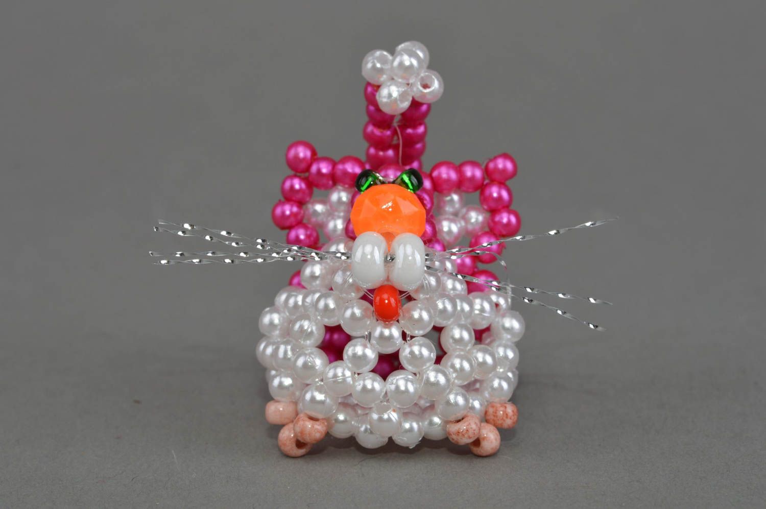 Handmade designer miniature animal figurine of pink white cat woven of beads  photo 4