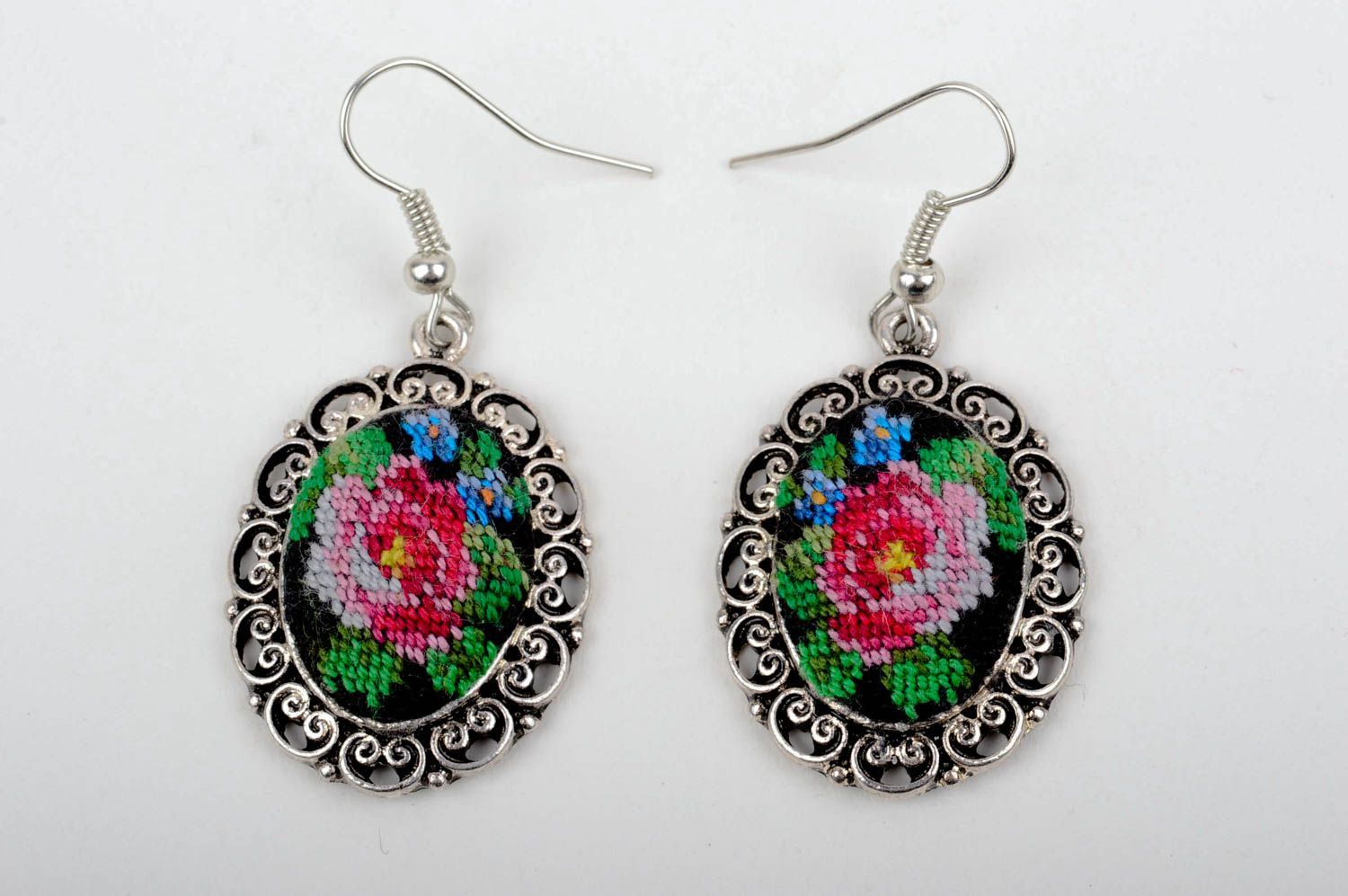 Handmade metal earrings embroidered earrings cross stitch ideas gifts for her photo 2