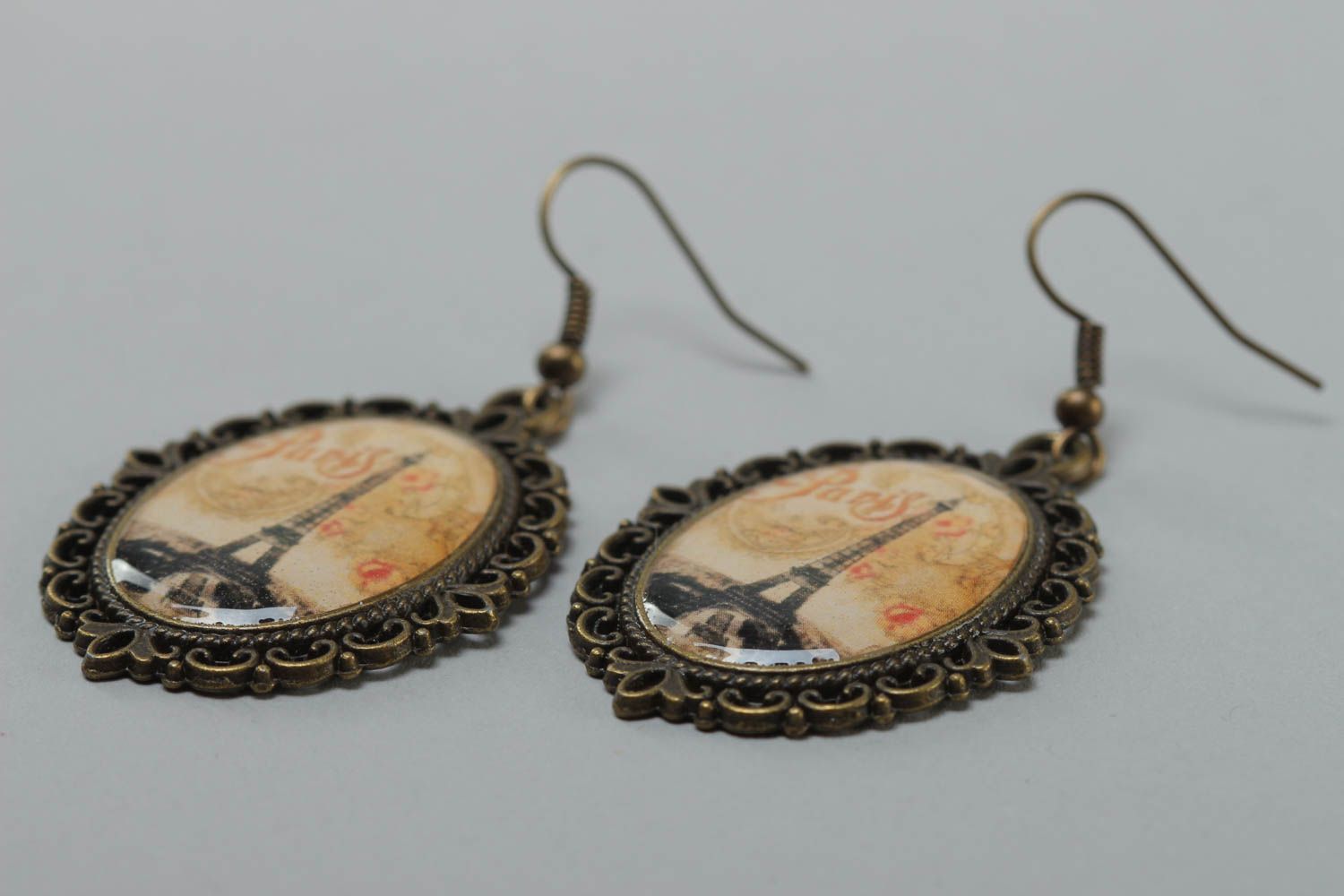 Beautiful handmade long glass glaze earrings in French style photo 3