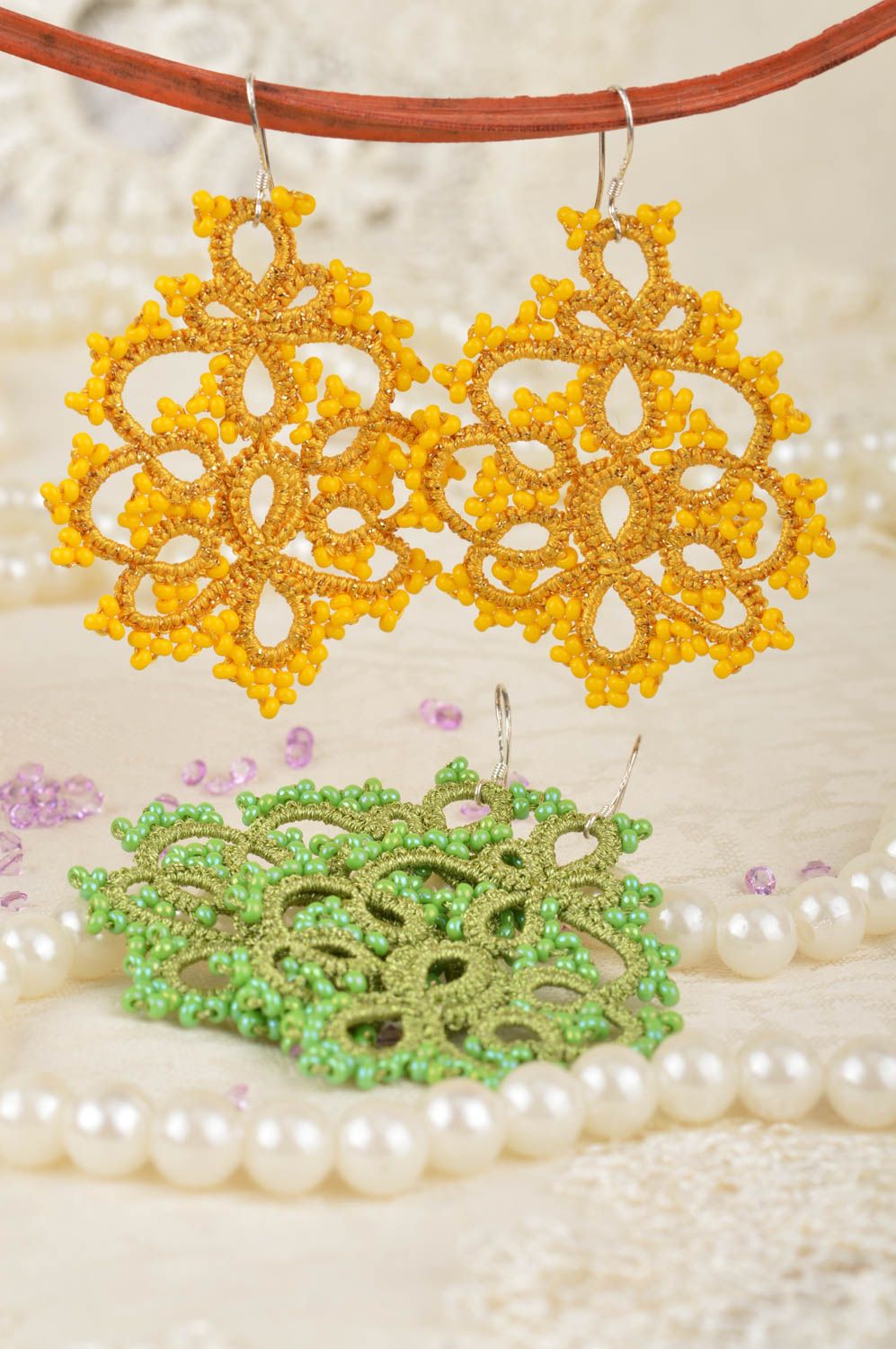 Set of 2 pairs of handmade designer lace drop tatted earrings yellow and green photo 3