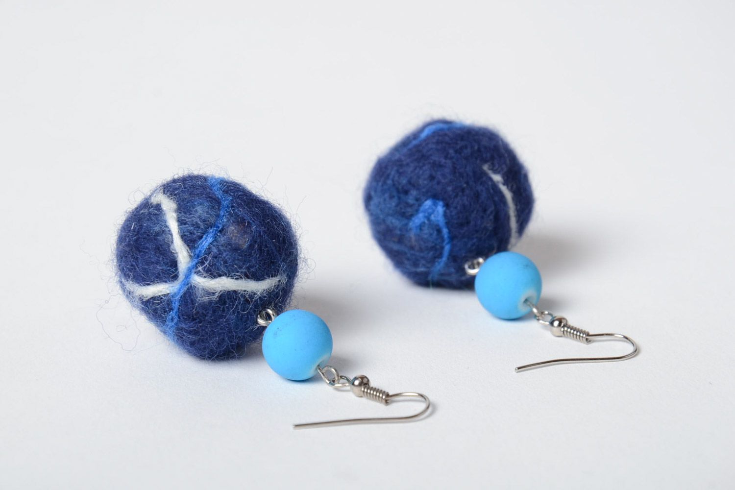 Handmade designer felted wool ball earrings of blue color women's accessory photo 5